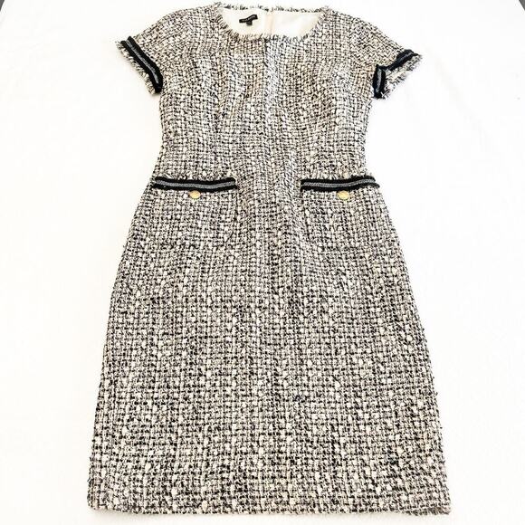 Talbots Tweed Fringe Hem Short Sleeve Midi Dress Pockets Gold Buttons Size 2 - Picture 1 of 6